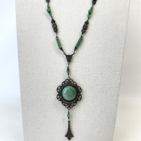 Peking Glass Art Nouveau Necklace Green Stone Ornate Y-Drop Filigree Pendant